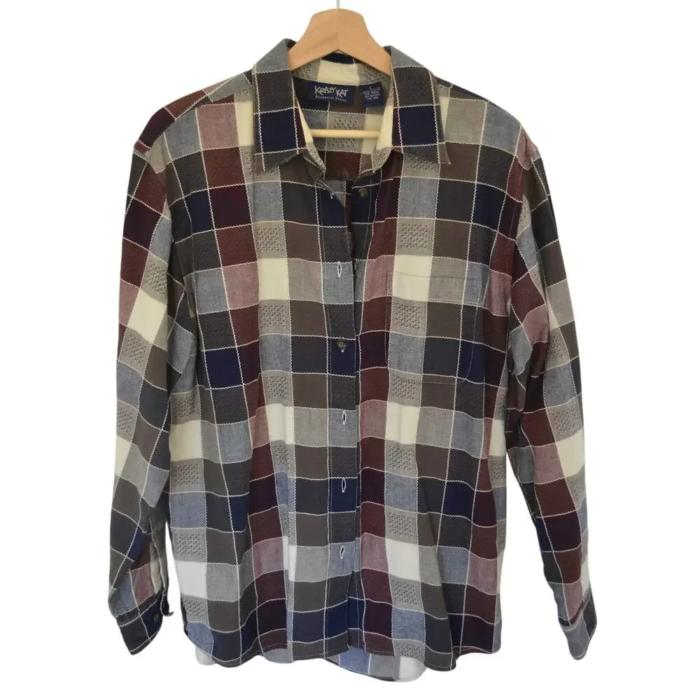 Vintage Checked Plaid Button Down Navy Purple Olive - Picture 3 of 5